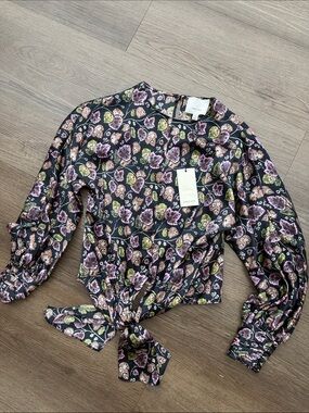 cinq a sept Black Floral Tie-Front Blouse with Purple & Green Accents